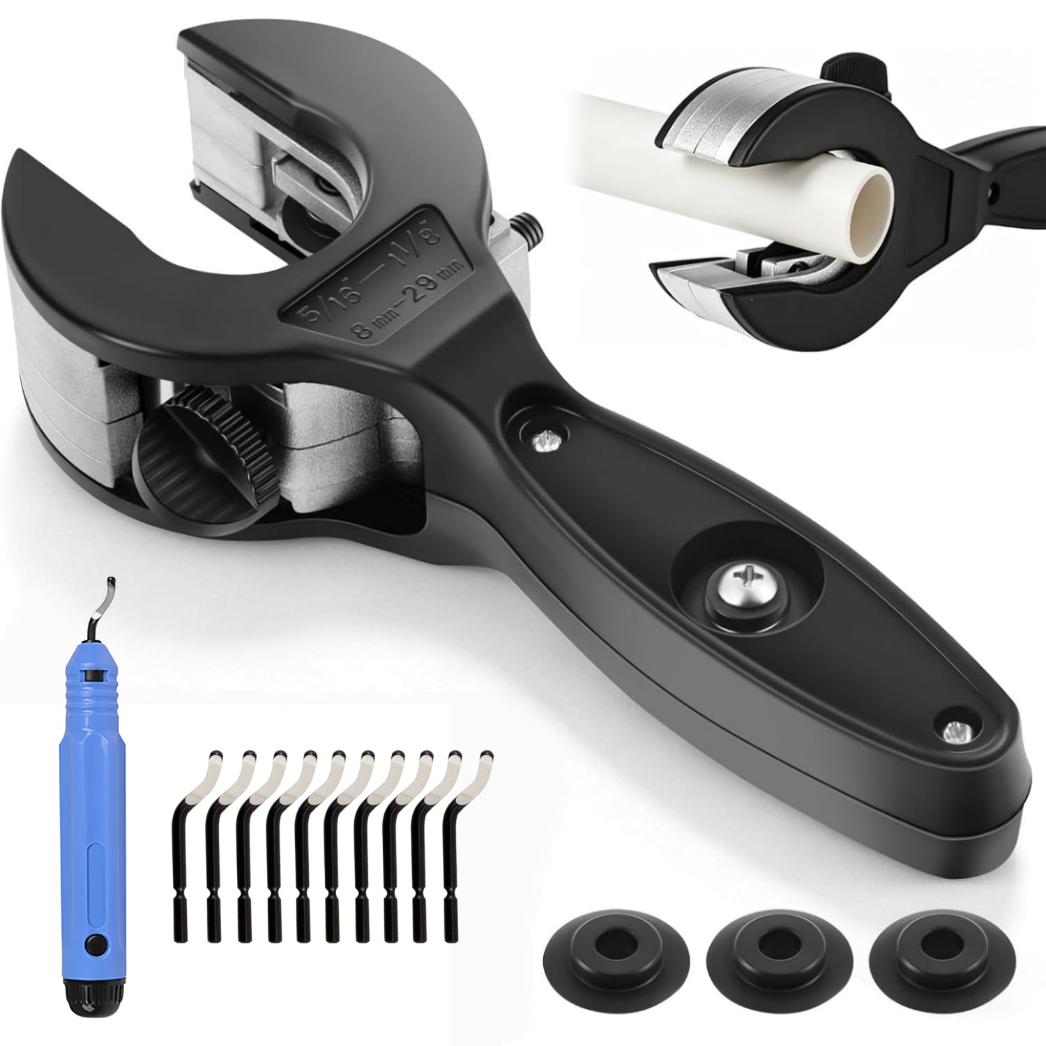 Pipe Cutter Ratchet - パイプカッターセット ラチェット式チューブカッター 狭所用パイプカッター バリ取りツールセット付き 銅・アルミ・PVCプラスチックパイプ用
