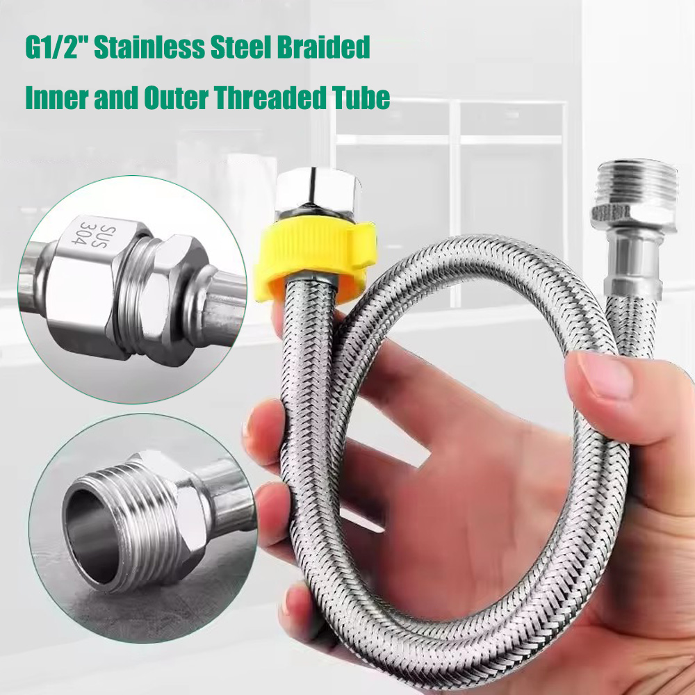 Flexible Hose Braided - 1pc 20/40/60/80/100/150/200CM G1/2 内部および外部ネジ付きステンレス鋼製フレキシブルホース、温水・冷水用チューブ